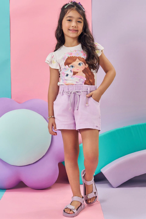 Shorts Kukiê Infantil Menina Lilás em Sarja com Elastano - comprar online
