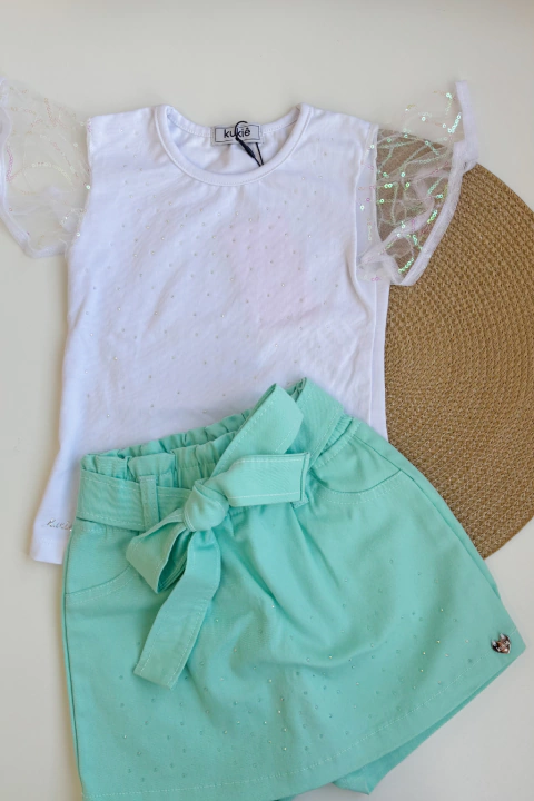 Conjunto Kukiê Blusa em cotton e paete branca e Short Saia em Sarja com Elastano - comprar online