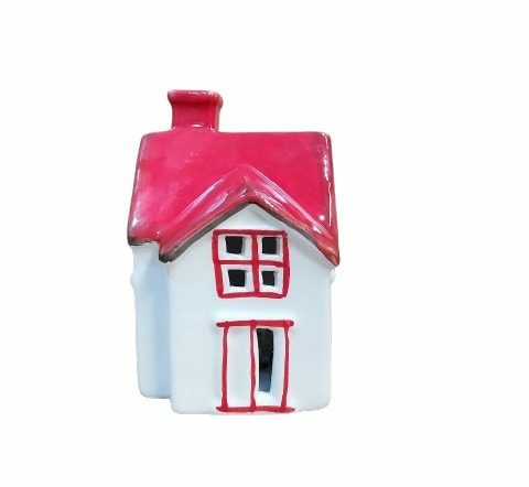 Lu2219 - Enfeite Natalino Casa, Vemelho e Branco, 8,8cm X 6,2cm X 12cm, Feita em Dolamita