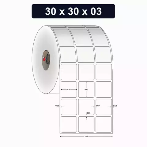 Etiqueta Adesiva p/ Jóias e Bijuterias BOPP, 30x30 mm e 3 Col. - Rolo 30 m