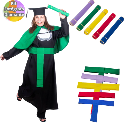 Kit Diamante Fotógrafo - Adulto (1 Beca Completa + 5 Faixas + 5 Canudos + 5 Capas)