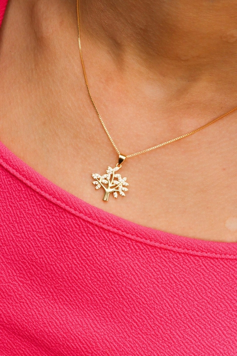 Colar Life Tree Semi Joia Banhado 18 k