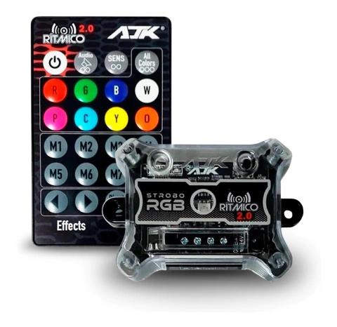 Kit Strobo RGB Ritmico 2.0 AJK + 2 Farois 3W e Controle - 8 Cores, até 179 combinações, modo áudio
