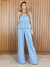 Conjunto feminino, duas peças, top e calça, pantalona, com elástico no cós, liso, monocromático, uma cor só, em linho, com babado, solto, soltinho, largo, elegante, social, convidada casamento, pra trabalhar, sofisticado. Cor azul, serenity. Tamanho P, M 