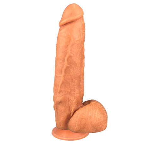 Pênis realístico com ventosa, medindo 28x6,5cm, em tom de pele.