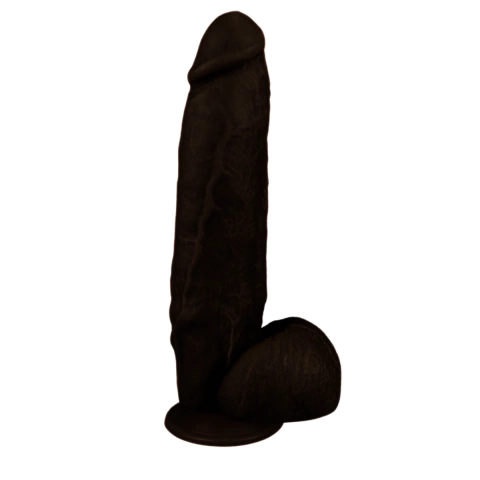 Pênis realístico preto com ventosa, medindo 28x6,5cm, ideal para uso em diversas situações.