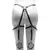 Arreio Sensual Harness Preto Dominatrixxx em um manequim, destacando o design em tiras pretas e detalhes metálicos.