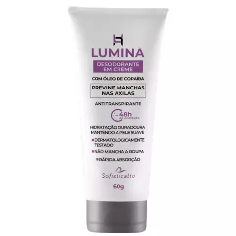 Creme desodorante Lumina de 60g com óleo de copaíba, previne manchas nas axilas e oferece proteção antitranspirante por 48 horas.
