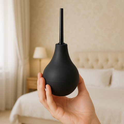 Ducha higiênica anal preta sendo segurada por uma mão em ambiente de quarto