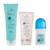 Conjunto de produtos para cuidados dos pés, incluindo creme para afinar, gomage esfoliante e óleo para ressecamento.