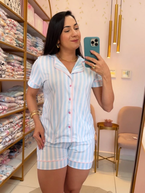 PIJAMA AMERICANO CURTO LISTRAS AZUL - comprar online