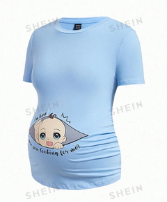 SHEIN Maternidad Camiseta con estampado de slogan y figura - comprar en línea