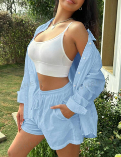 SHEIN EZwear Conjunto casual de camisa tejida y shorts para mujer