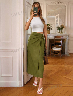 SHEIN Frenchy Falda cruzada de verano para mujer con nudo de unicolor para ocasiones casuales