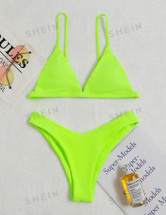 SHEIN Swim Traje De Baño De Bikini Con Parte Superior Triangular De Neón Y Bottom De Corte Alto De Summer Beach