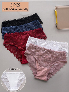 5 piezas Ropa interior femenina triangular de encaje de unicolor