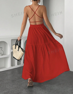 SHEIN VCAY Vestido largo negro casual de mujer con espalda descubierta y tirantes finos de unicolor - comprar en línea