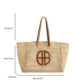 Bolso de mano de paja tejido para mujeres con decoración de lazo y pañuelo, bolso de hombro de gran capacidad para el verano, ligero - tienda en línea