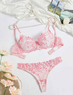 Conjunto romántico de 2 piezas sujetador con aros y pantie color rosa para mujer, lencería sexy