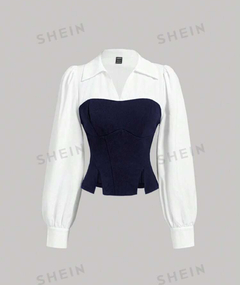 SHEIN MOD Camisa ajustada en 2 en 1 con bloqueo de color negro y blanco, dobladillo asimétrico y dividido