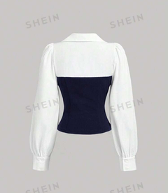 SHEIN MOD Camisa ajustada en 2 en 1 con bloqueo de color negro y blanco, dobladillo asimétrico y dividido - comprar en línea
