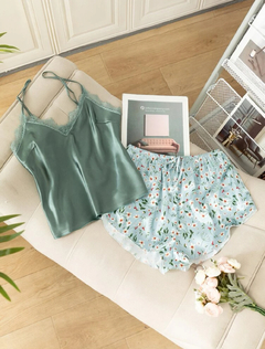 Conjunto de pijama con estampado floral con diseño de encaje con cordón delantero de satén - comprar en línea