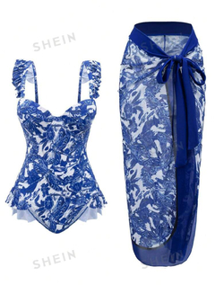 SHEIN Swim Curve Traje De Baño De Una Sola Pieza De Talla Grande Con Estampado Ajustado Y Falda Cubierta - comprar en línea