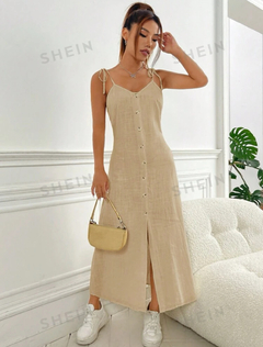 SHEIN EZwear Vestido de tirantes de hombros con cordón con botón delantero no