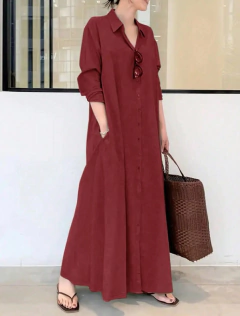 Vestido casual de primavera/verano suelto con cuello de camisa, botones y bolsillos para mujer - comprar en línea