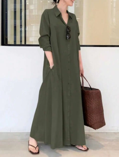 Vestido casual de primavera/verano suelto con cuello de camisa, botones y bolsillos para mujer