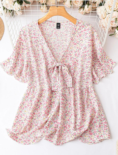 SHEIN LUNE Blusa peplum con estampado floral con nudo delantero