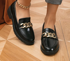 Mocasines Zapatillas de la decoración de la cadena negra de las mujeres, Zapatillas de moda del dedo del pie del punto