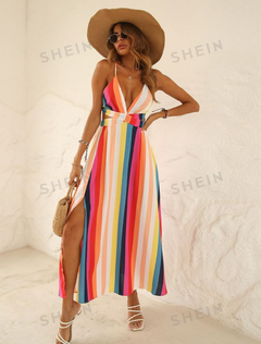 SHEIN VCAY Vestido de tirantes de rayas verticales con tira cruzada de espalda abierta con cordón de muslo con abertura