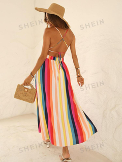 SHEIN VCAY Vestido de tirantes de rayas verticales con tira cruzada de espalda abierta con cordón de muslo con abertura - comprar en línea