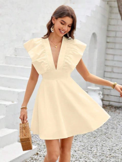 Vestido De Mujer Con Pliegues En La Cintura Y Adorno De Volantes Con Cuello En V Y Color Sólido - comprar en línea