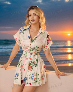 SHEIN VCAY Vestido de camisa con hombros anchos y mangas caídas con diseño de flores, puños doblados, cinturón autoligado y estilo casual de vacacione