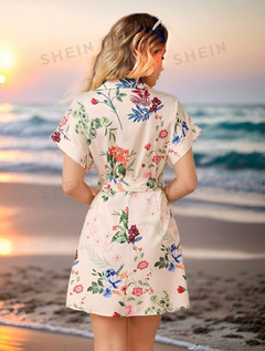 SHEIN VCAY Vestido de camisa con hombros anchos y mangas caídas con diseño de flores, puños doblados, cinturón autoligado y estilo casual de vacacione - comprar en línea