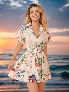 SHEIN VCAY Vestido de camisa con hombros anchos y mangas caídas con diseño de flores, puños doblados, cinturón autoligado y estilo casual de vacacione en internet