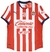 Camisa de fútbol del Club Chivas, con rayas rojas y blancas, logo de Puma y patrocinadores visibles.