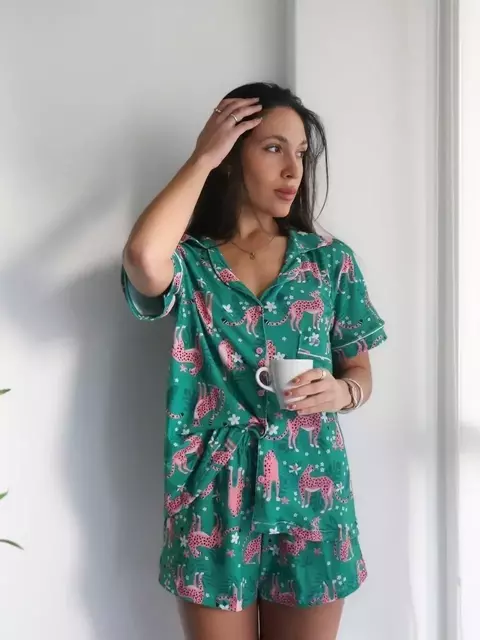 PREVENTA - Pijama Camisero CORTO Leopardo Verde