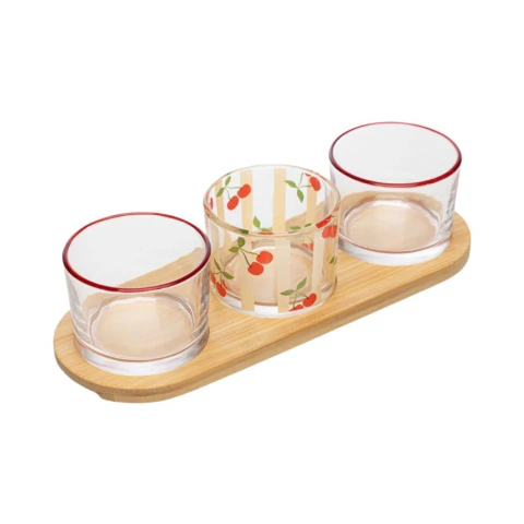 JOGO 3 PETISQUEIRA VIDRO BANDEJA CHERRY 24X8X5,5 BAMBU LYOR
