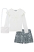Conjunto de Blusa em Canelado Shorts em Malha Tweed Brilho e Bolsa em Pelo Kukiê na internet