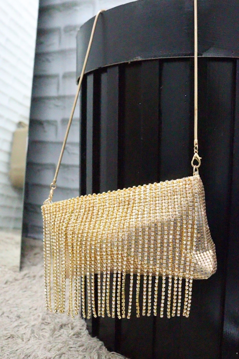 bolsa franja dourada com strass