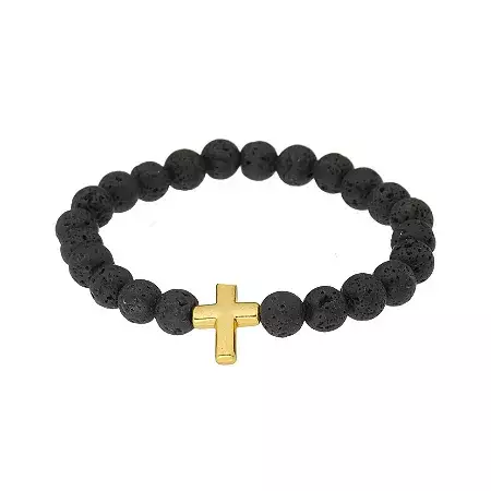 Pulseira Masculina Pedra Natural Vulcão Cruz 8mm