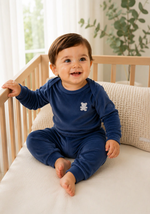 Body Calça Bebê Plush Alta Gramatura Marinho Urso