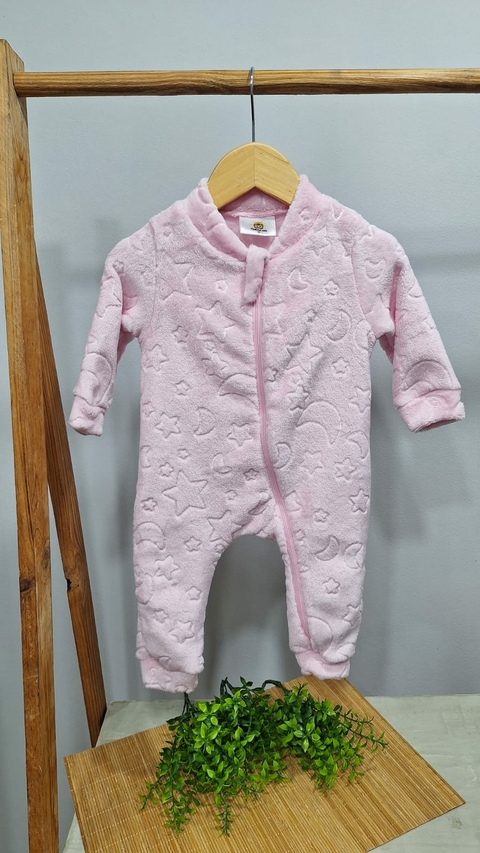 Macacão Bebê Capuz Rosa Relevo Lua Estrela