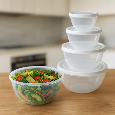 Kit 5 Potes Bowl Plástico com Tampa Marmita Cozinha, Freezer, Micro-ondas e Lava-Louças.