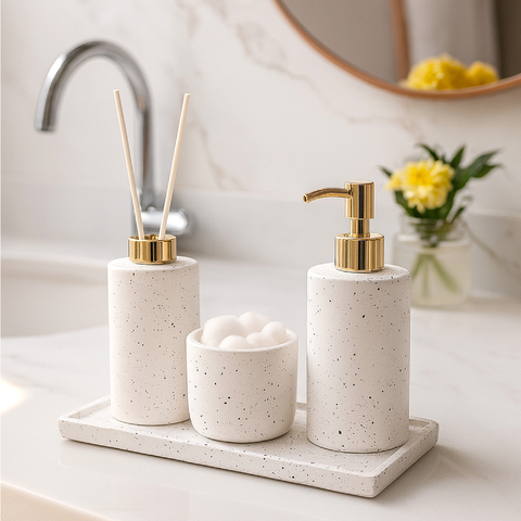 Kit Banheiro Lavabo Acessórios Para Banheiro Aromatizador Saboneteira Porta Cotonetes e Base Em Cimento Granilite - comprar online