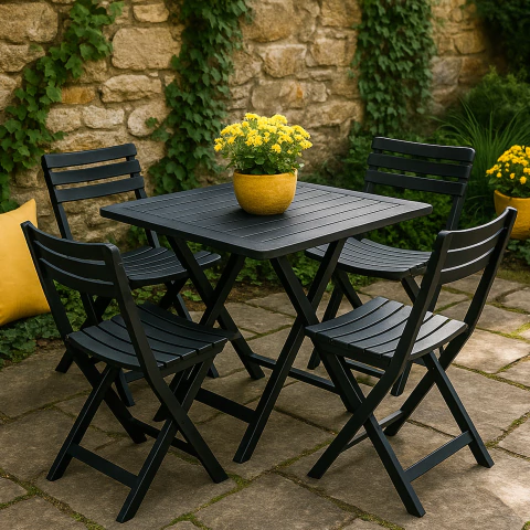 Jogo De Mesa + 4 Cadeiras De Plásticos Dobráveis Bar Preto
