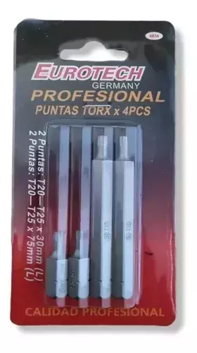 Juego Puntas Torx 4 Piezas T20 T25 Cortas Largas EUROTECH